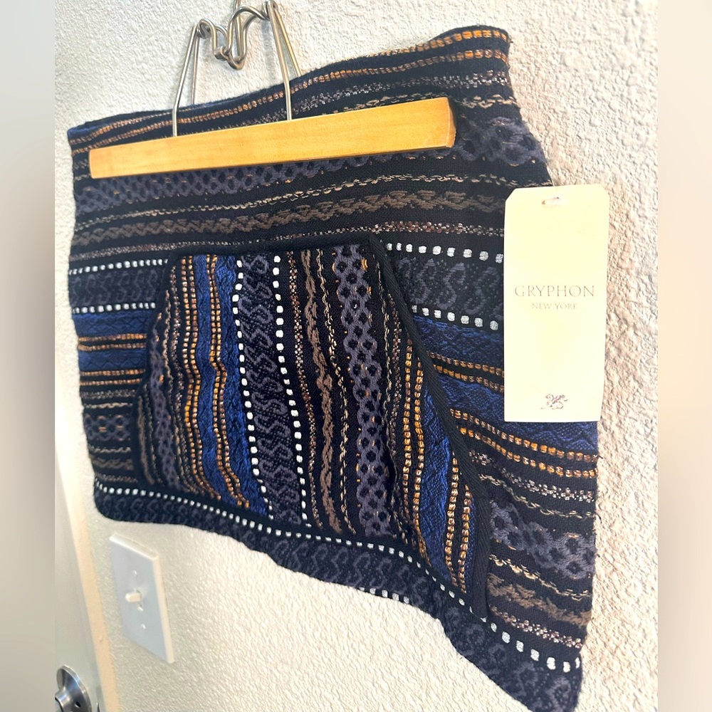 NWT Gryphon Blue and Gold Asymmetrical Mini Skirt. Size XS.